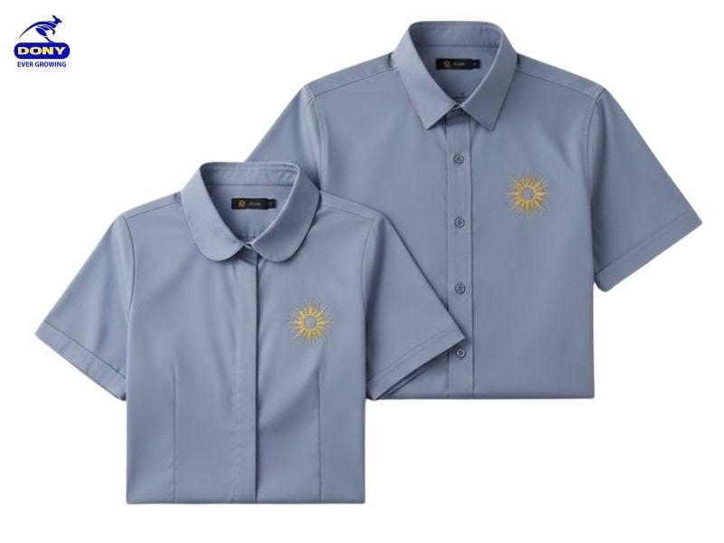 Mẫu áo sơ mi đồng phục tay ngắn màu xanh ghi