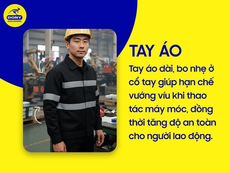 Tay áo dài, bo nhẹ ở cổ tay giúp hạn chế vướng víu khi thao tác máy móc