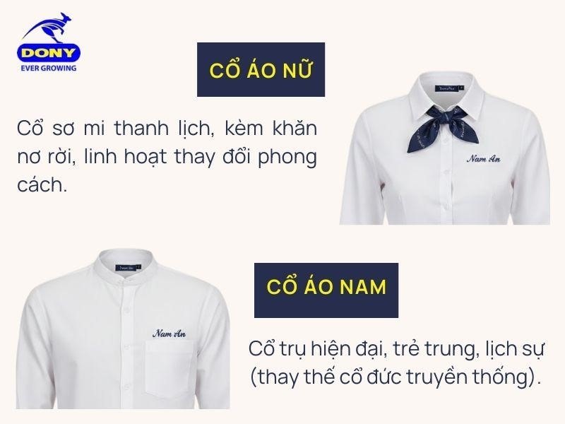 Thiết kế cổ riêng cho nam và nữ, tay áo dài ép keo cứng cáp