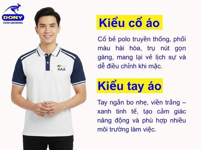 Áo được thiết kế cổ bẻ polo truyền thống, tay ngắn bo nhẹ