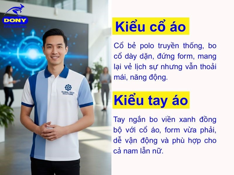 Áo sử dụng cổ bẻ polo truyền thống, tay ngắn bo viền ấn tượng