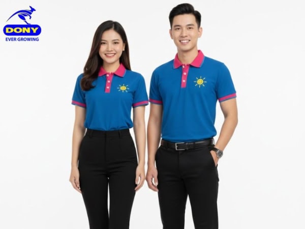 Đồng Phục Công Ty Áo Polo Tay Ngắn Xanh Dương Phối Hồng