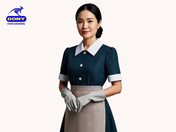 Đồng Phục Tạp Vụ Váy Xanh Đen Phối Tạp Dề Sọc Nâu