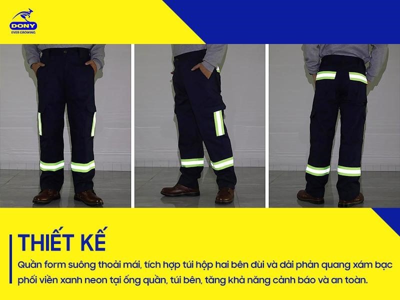 Quần phản quang mẫu 03 có form ống đứng suông, mang lại sự thoải mái khi di chuyển