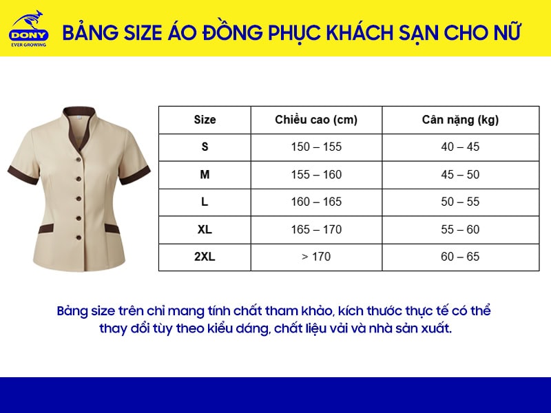 Bảng size may áo đồng phục khách sạn tại DONY (nữ).
