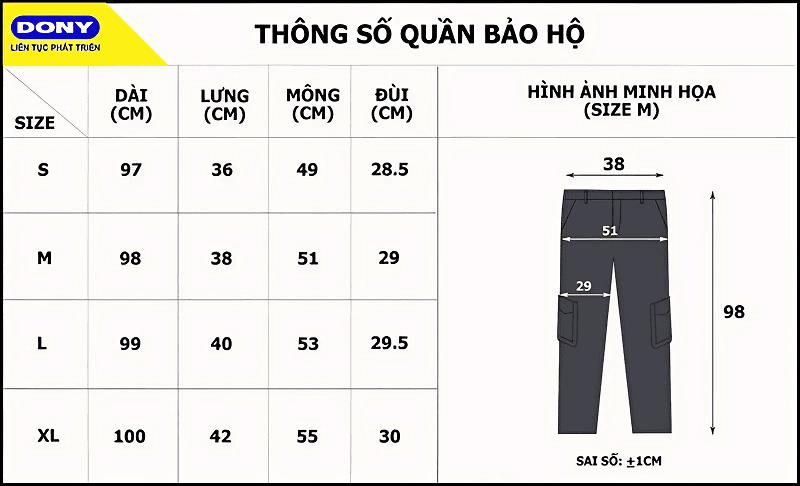 Bảng size may quần bảo vệ tại đồng phục DONY.