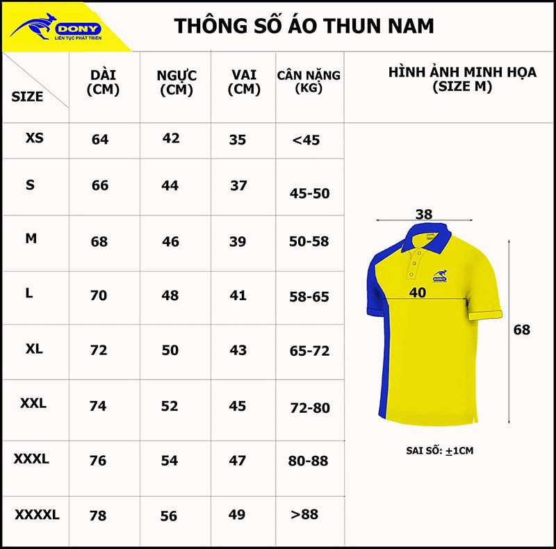 Bảng size may áo polo đồng phục nam DONY.