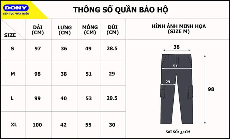 Bảng size quần đồng phục bảo vệ, bảo hộ lao động tại đồng phục DONY