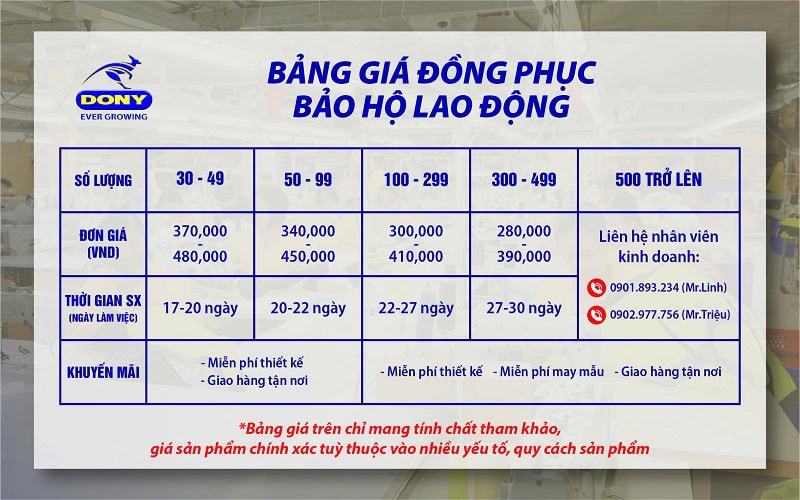 Bảng giá may đồng phục bảo vệ, bảo hộ lao động tại đồng phục DONY.