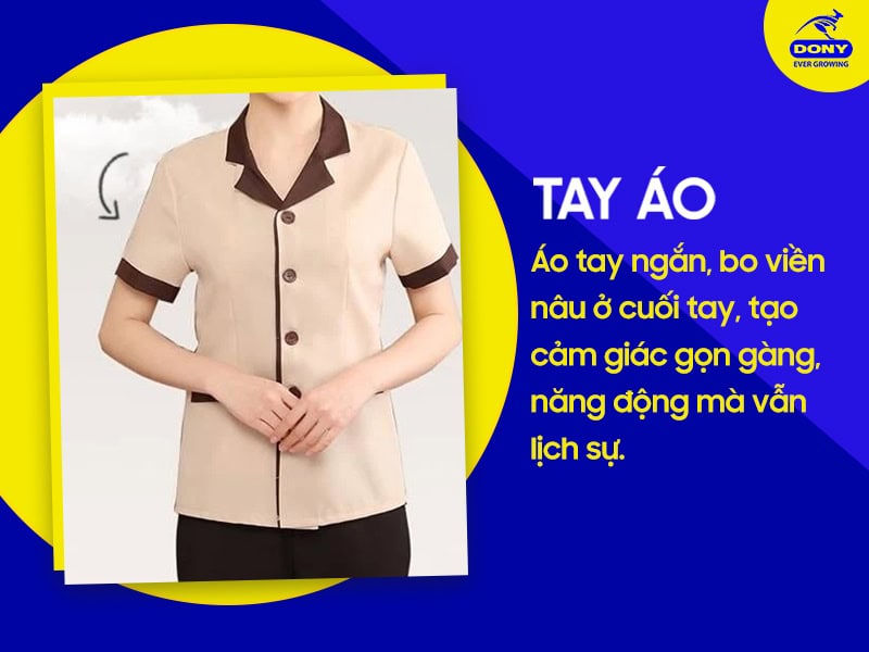 Tay áo ngắn, bo viền nâu năng động, lịch sự.