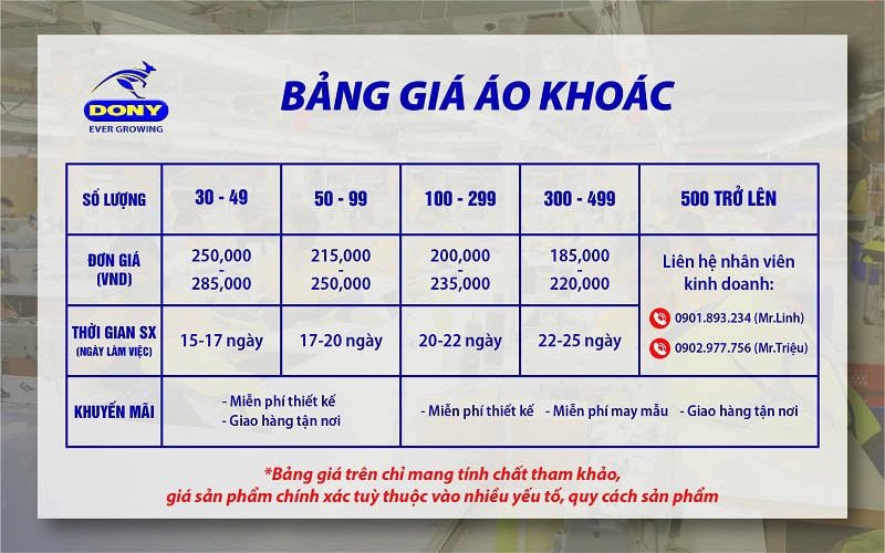 Bảng giá may áo khoác đồng phục DONY.