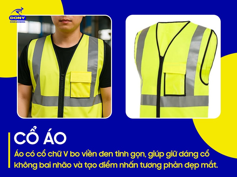 Cổ áo V bo viền đen tinh gọn.