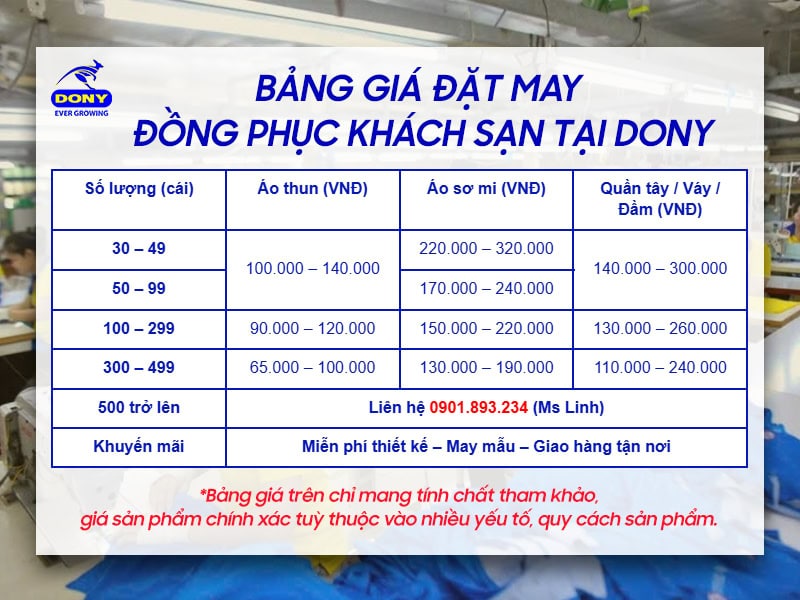 Bảng giá may đồng phục khách sạn tại đồng phục DONY.