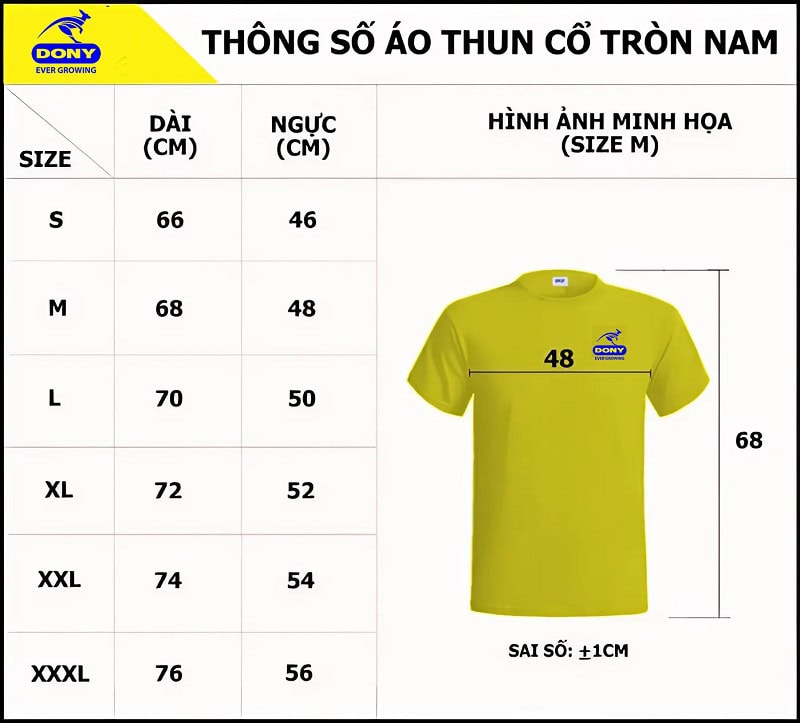 Bảng size may áo thun cổ tròn nam tại đồng phục DONY.