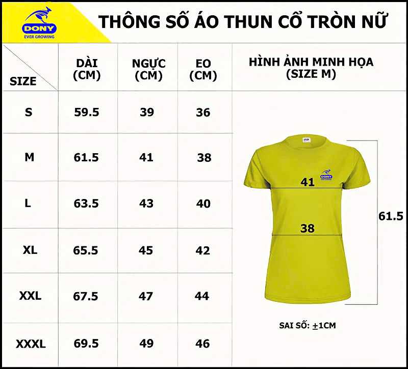 Bảng size may áo cổ tròn đồng phục nữ .