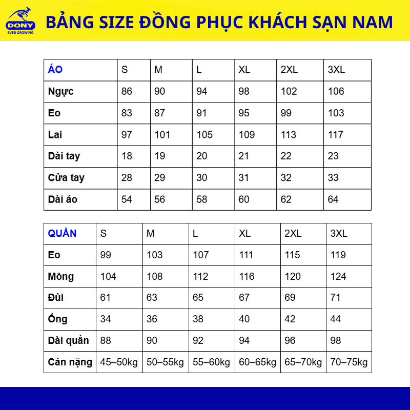 Bảng size đồng phục khách sạn nam.