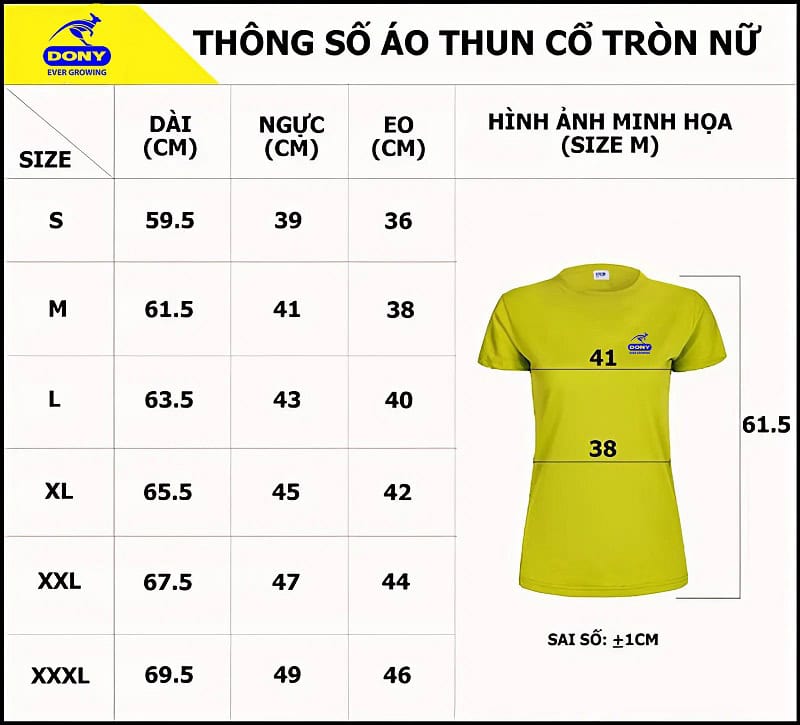 Bảng size may áo thun cổ tròn nữ tại đồng phục DONY.