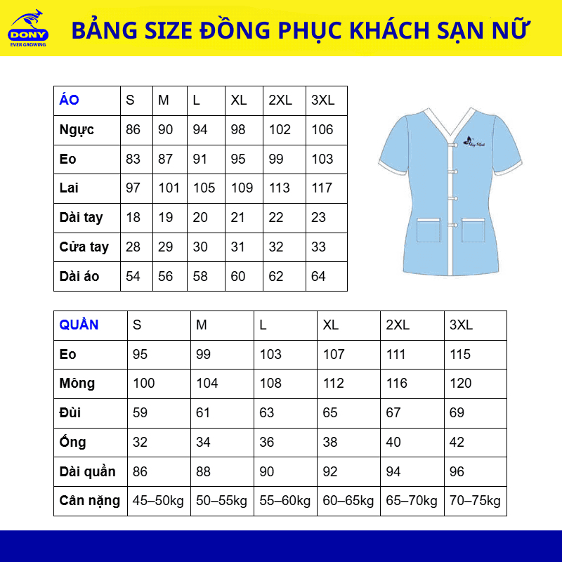 Bảng size đồng phục khách sạn nữ