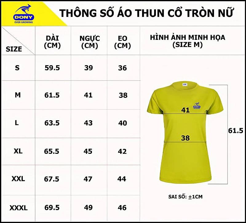 Bảng size may áo thun cổ tròn nữ tại DONY.
