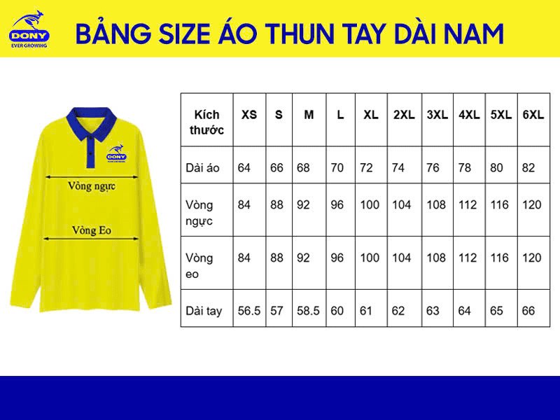 Bảng size may áo thun tay dài đồng phục nam DONY.