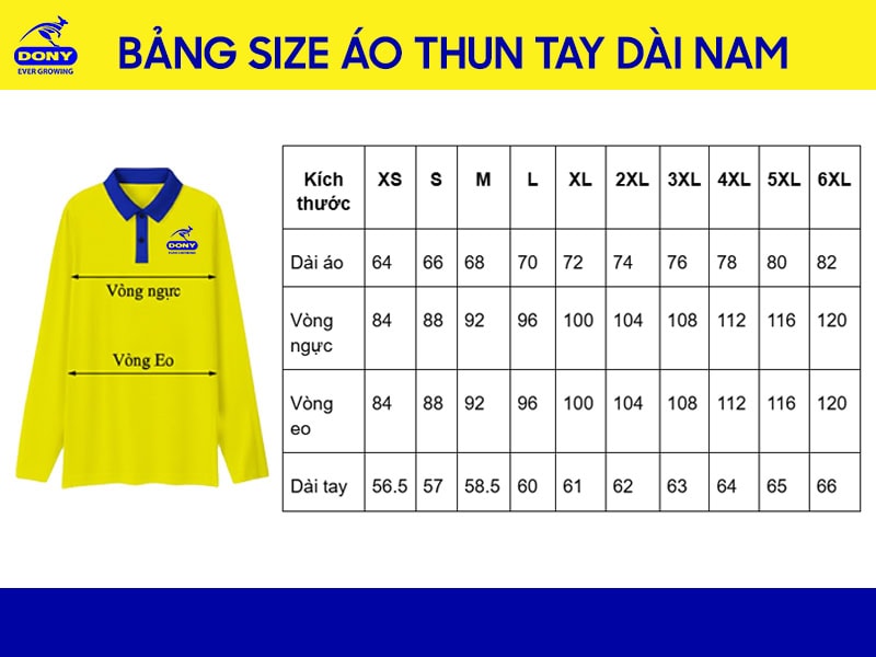 Bảng size may áo thun đồng phục tay dài nam DONY.