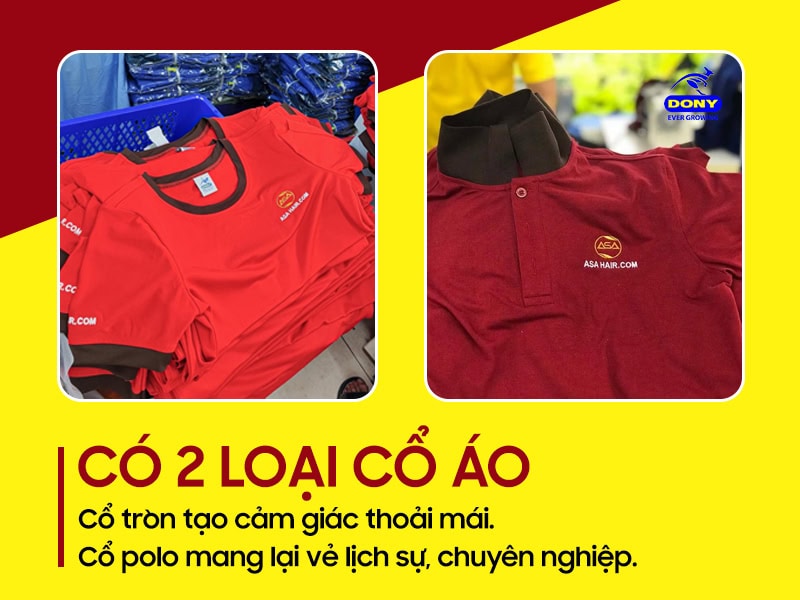 Hai kiểu cổ – tròn và polo, bo thun nâu nổi bật.