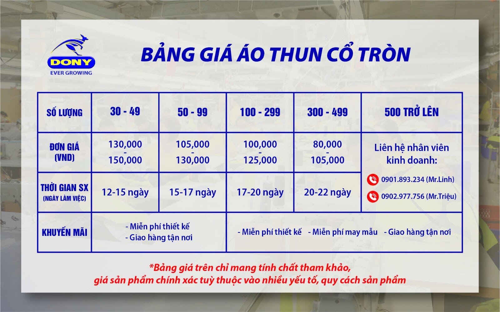 Bảng giá may áo thun cổ tròn đồng phục DONY.