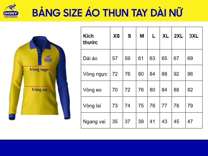 Bảng size may áo thun đồng phục tay dài nữ DONY.