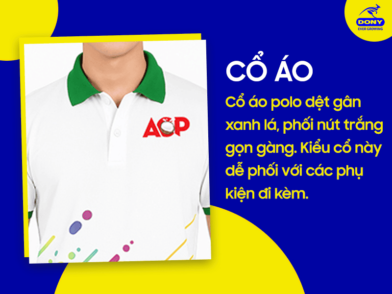 Cổ polo xanh lá gọn gàng, tôn lên sự khỏe khoắn.