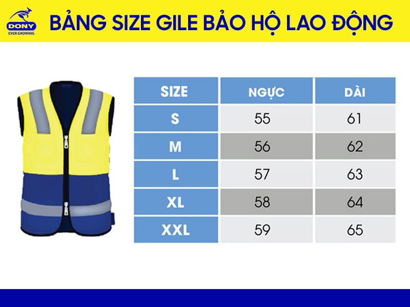 bảng size áo đồng phục gile bảo hộ lao động