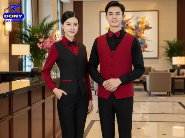 Đồng Phục Lễ Tân Màu Đỏ Đen Hiện Đại, Thanh Lịch