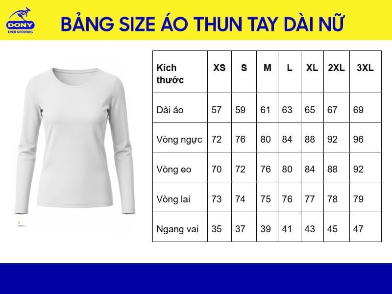 Bảng size áo thun tay dài nữ tại DONY