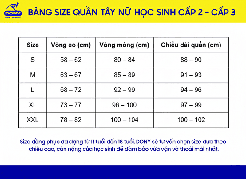 Bảng size quần tây nữ học sinh cấp 2, cấp 3.