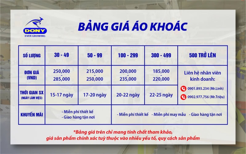 Bảng giá đồng phục áo khoác tại DONY