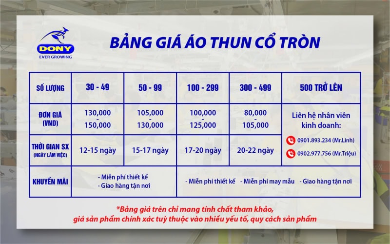 Bảng giá đồng phục áo thun cổ tròn tại DONY