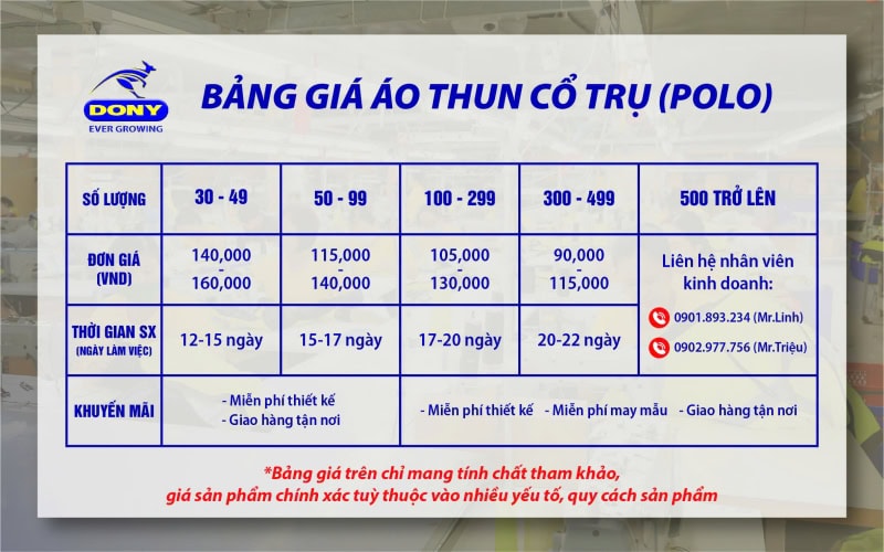 Bảng giá đồng phục áo thun cổ trụ polo tại DONY