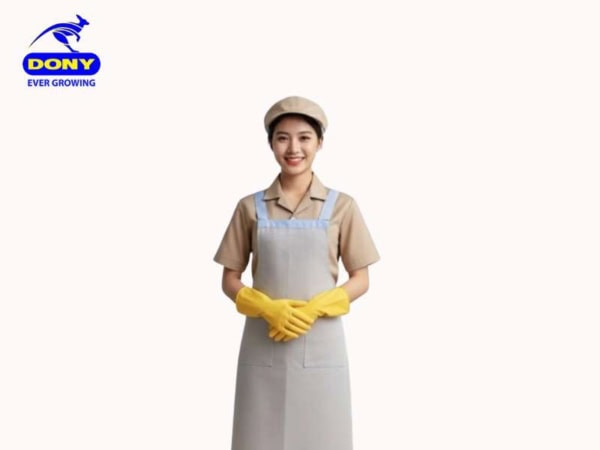 Đồng phục tạp vụ 11 sơ mi phối tạp dề màu be hiện đại