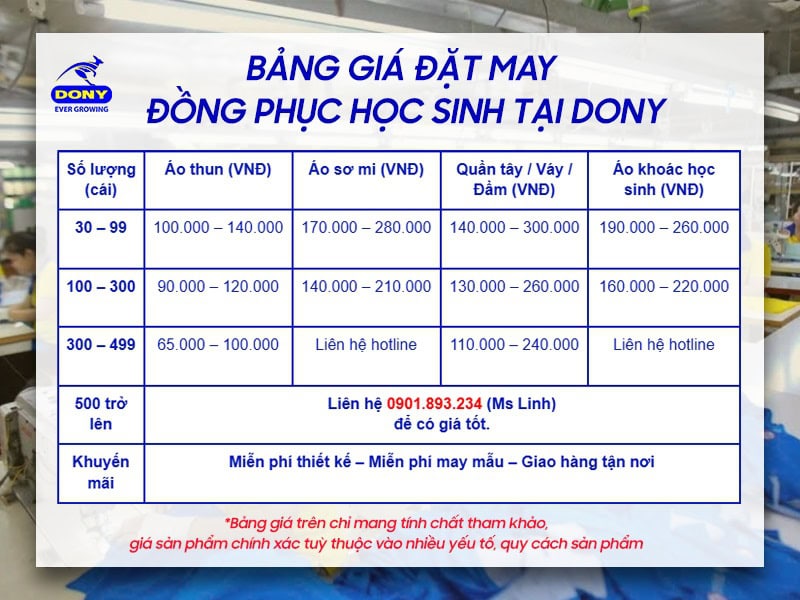 Bảng giá đồng phục học sinh DONY