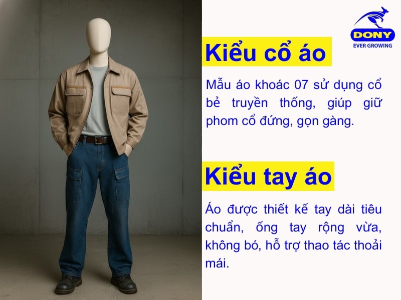 Kiểu cổ đứng gọn gàng và tay áo rộng vừa phải giúp thao tác thoải mái