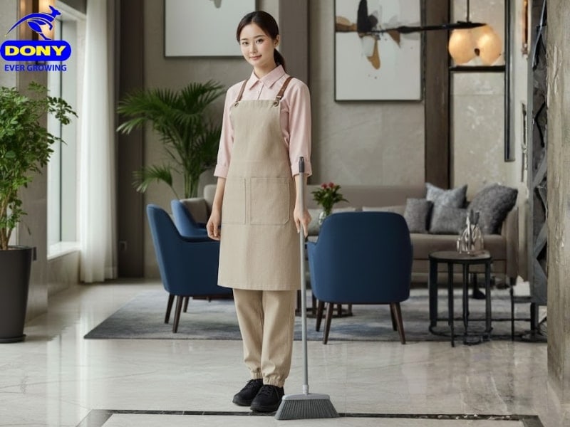 Đồng Phục Tạp Vụ Tạp Dề Yếm Màu Be Thanh Lịch