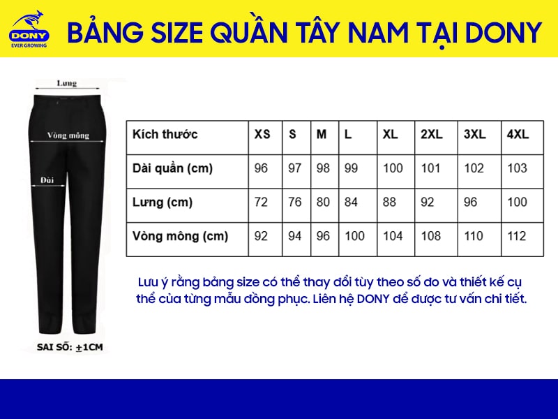 Bảng size quần tây nam
