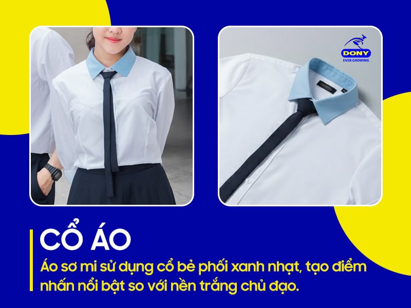 Cổ sơ mi phối màu xanh nhạt.