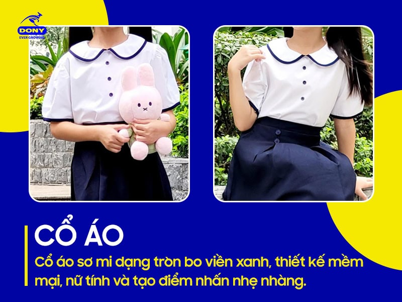 Cổ áo sơ mi bo tròn viền xanh mềm mại.