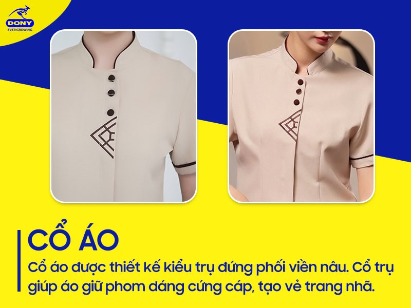 Cổ áo dạng trụ đứng phối viền nâu.