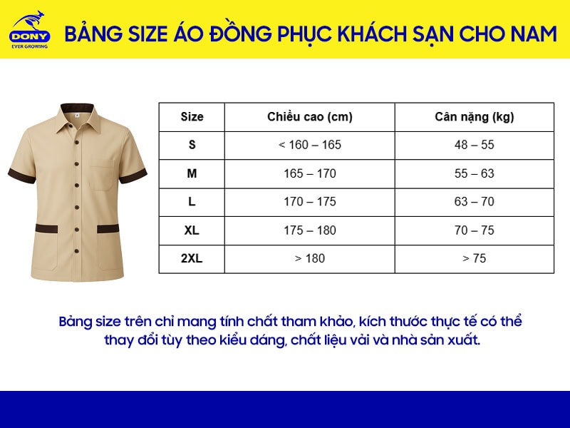 Bảng size may áo đồng phục khách sạn tại đồng phục DONY (nam).