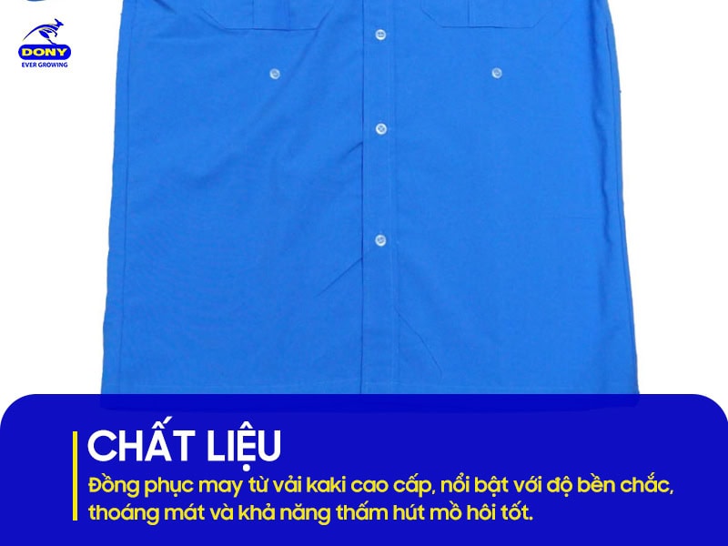 Đồng phục được may từ vải kaki cao cấp - bền chắc và thoáng mát.
