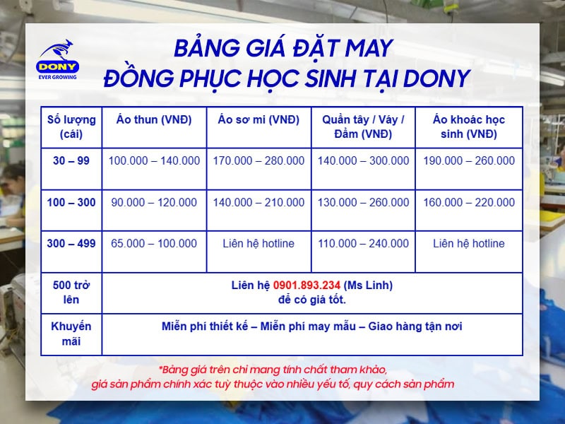 Bảng giá may đồng phục học sinh cấp 2, cấp 3 tại DONY.