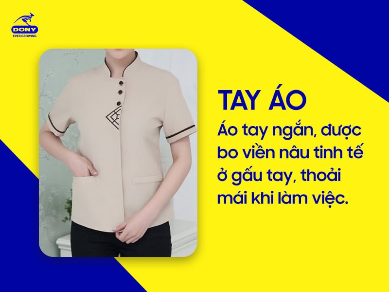 Tay áo ngắn, bo viền nâu tinh tế.