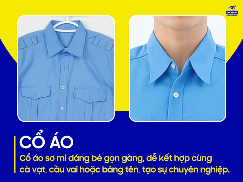 Cổ sơ mi bẻ gọn gàng, dễ phối phụ kiện.