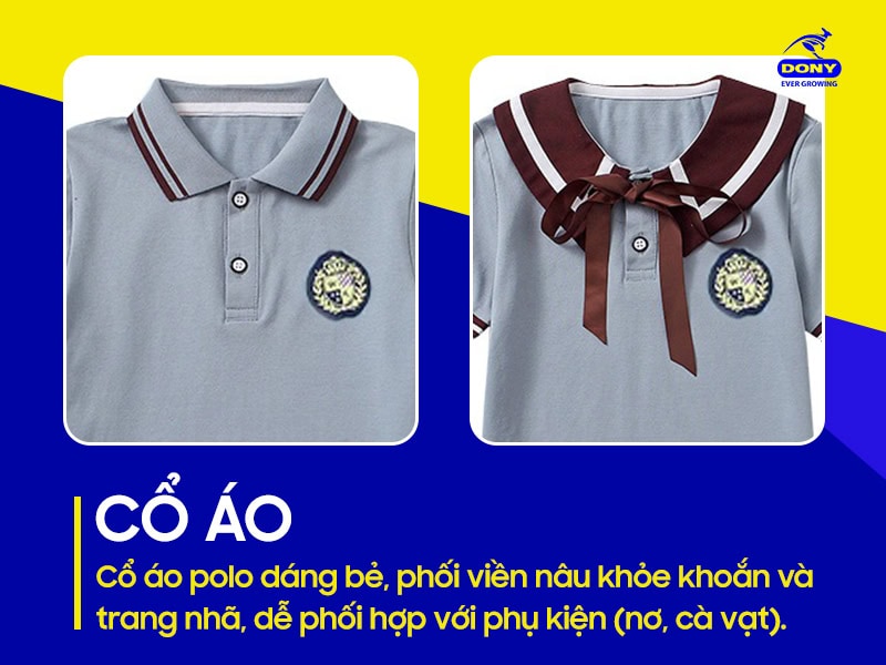 Cổ áo polo dáng bẻ phối viền nâu khỏe khoắn, trang nhã.